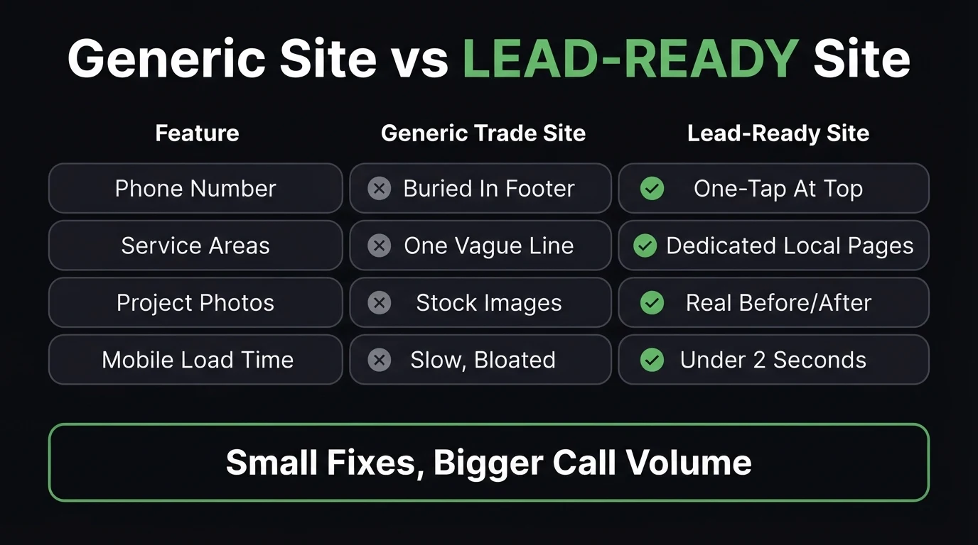 Generic trade website versus a lead-ready trade website — phone number placement, service areas, project photos, mobile load time
